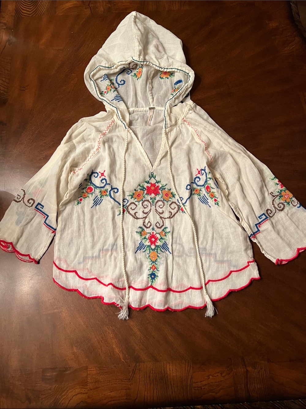 Free People White Hooded Embroidered Pullover Top